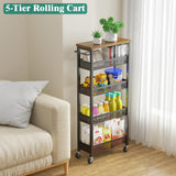 Giwil Slim Storage Cart 5 Tier Narrow Kitchen Rolling Cart on Wheels for Small Space, Metal Utility Cart Narrow Bathroom Storage Cabinet Mobile Shelf Unit Organizer with Wood Top and Handle, Black Giwil