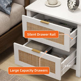 AILEEKISS Night Stand Set of 2 Rattan Nightstands with Wireless Charging Station, Wood Accent Bed Side End Tables with 2 Rattan Drawers, Modern Bedside Stand for Bedroom, Living Room (White) AILEEKISS