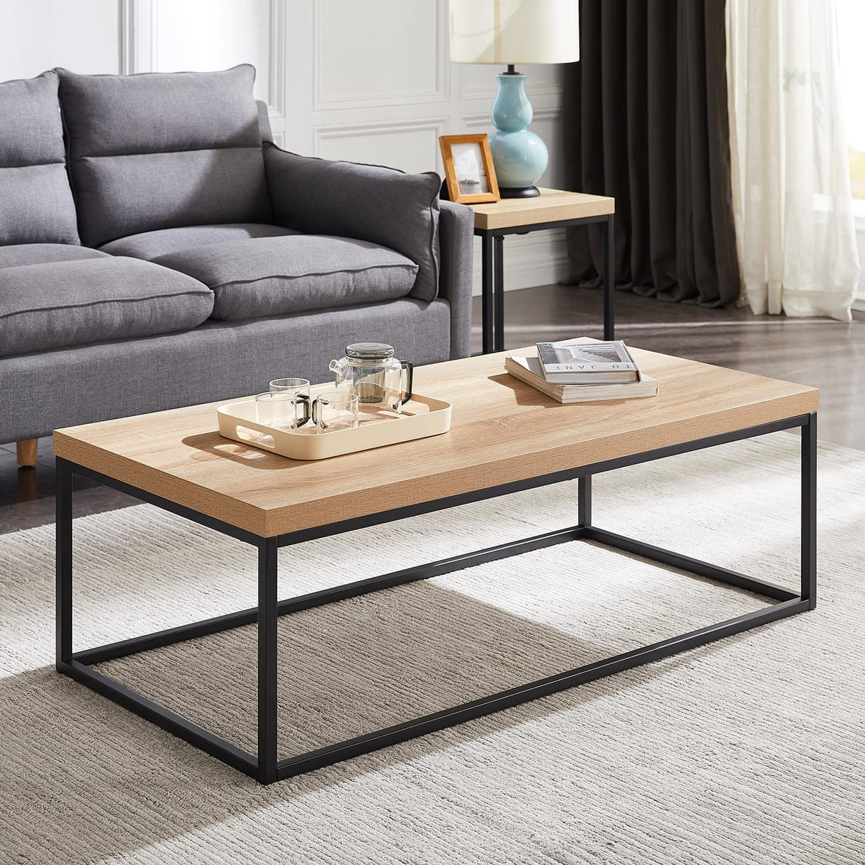 CENSI Oak Coffee Table for Living Room, 47" Modern Industrial Rectangular Wood and Metal Coffee Table with Extra Thick Tabletop(Natural Wood) CENSI