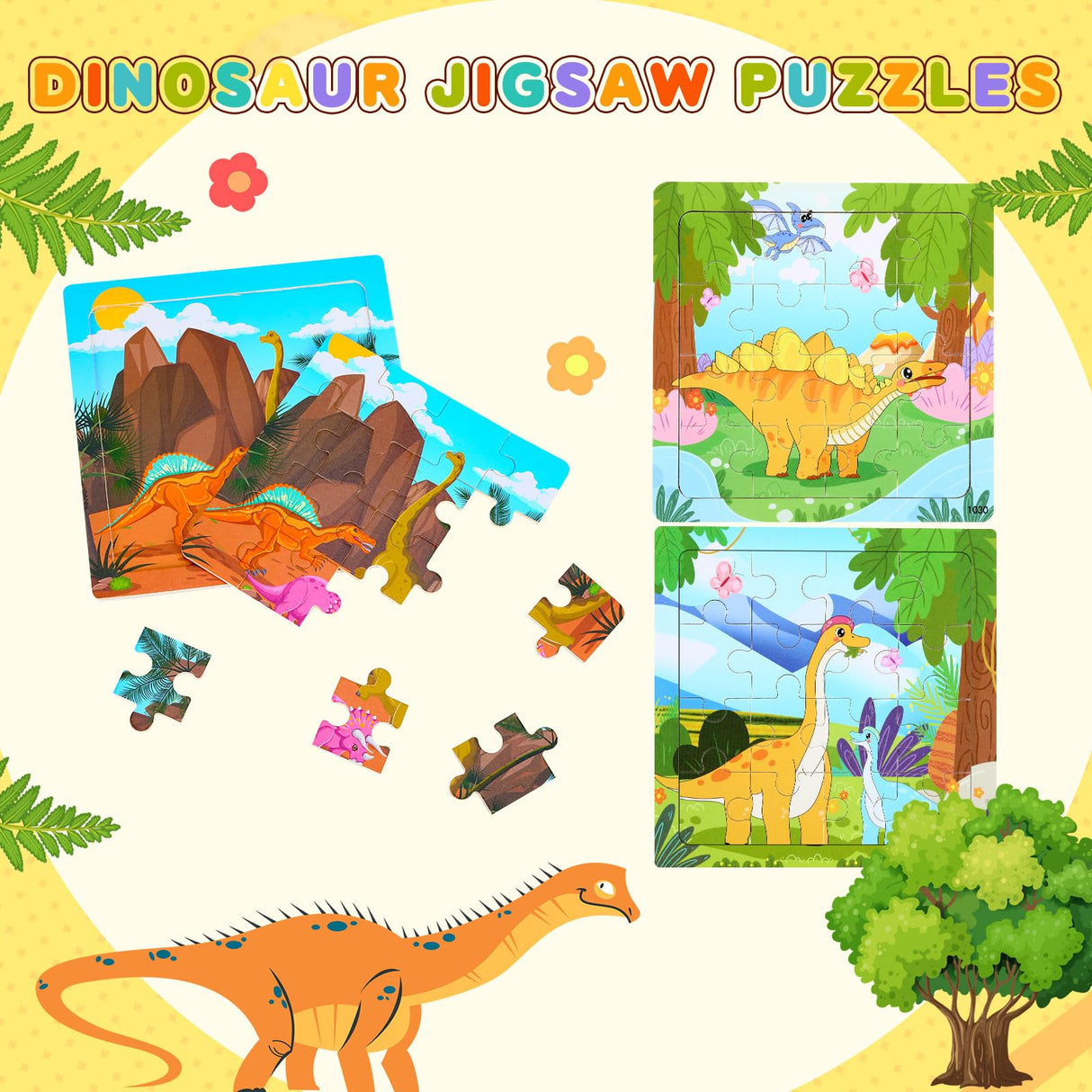 SANNIX 12 Pack Dinosaur Wooden Jigsaw Puzzles with 12 Organize Bags, Dinosaurs Animals Toddlers Puzzles for Kids Ages 3 4 5, Party Favors Educational Learning Travel Toys for Boys Girls SANNIX