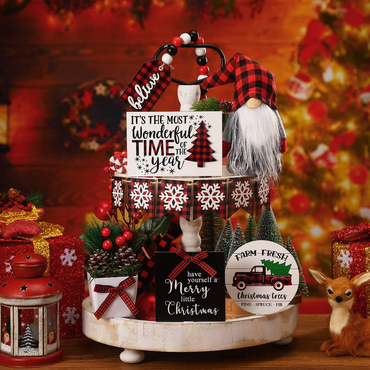 Soaoo 16 Pcs Christmas Tiered Tray Decor Christmas Gnome Plush Tray Decor Farmhouse Buffalo Plaid Wood Table Signs for Holiday Table Centerpieces Home Decorations Soaoo