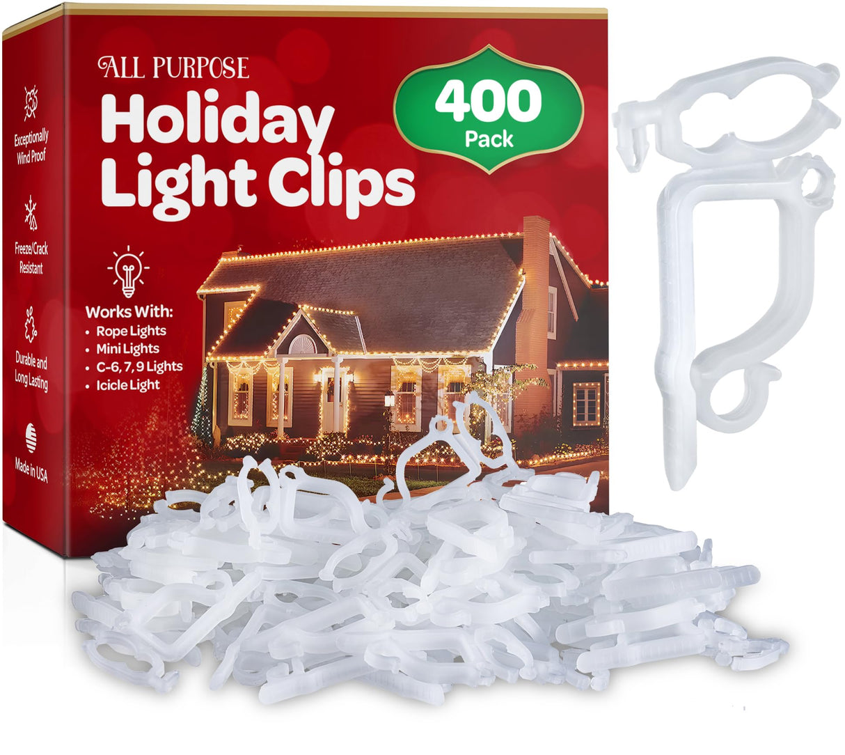 All-Purpose Holiday Light Clips [Set of 400] Christmas Light Clips, Outdoor Light Clips - Mount to Shingles & gutters - Works with Mini, C6, C7, C9, Rope, Icicle Lights - No Tools Required - USA Made SEWANTA