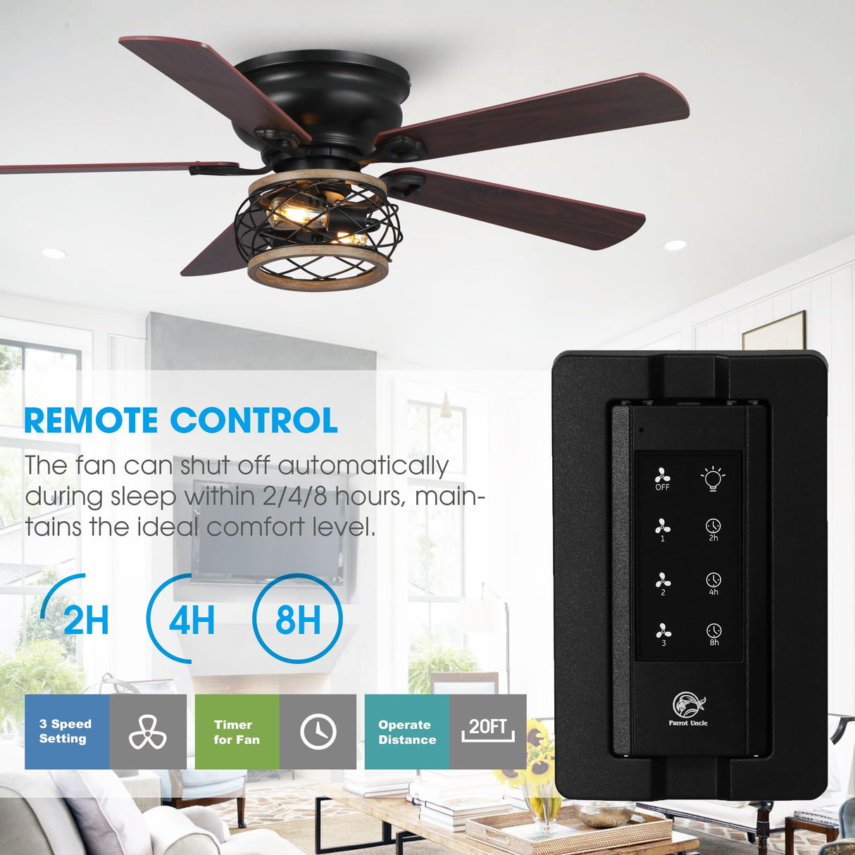 Parrot Uncle Low Profile Ceiling Fans with Lights and Remote, 48 Inch Black Ceiling Fan with Light Flush Mount Farmhouse Rustic Hugger Fan for Bedroom, Reverse Airflow, Timer, FREE Replacement Parrot Uncle