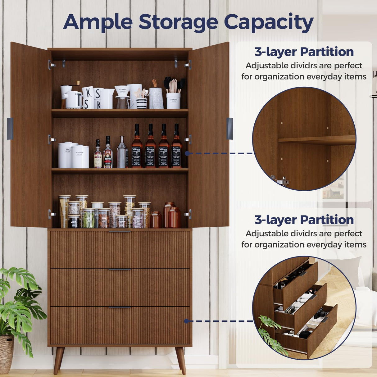 FONTOI Storage Cabinet, Kitchen Pantry Storage Cabinet with 3 Drawers 2 Doors, Wood Cupboard with Adjustable Shelves & Fluted Panel Design, Tall Home Storage for Living Room, Kitchen, Walnut FONTOI