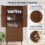 FONTOI Storage Cabinet, Kitchen Pantry Storage Cabinet with 3 Drawers 2 Doors, Wood Cupboard with Adjustable Shelves & Fluted Panel Design, Tall Home Storage for Living Room, Kitchen, Walnut FONTOI