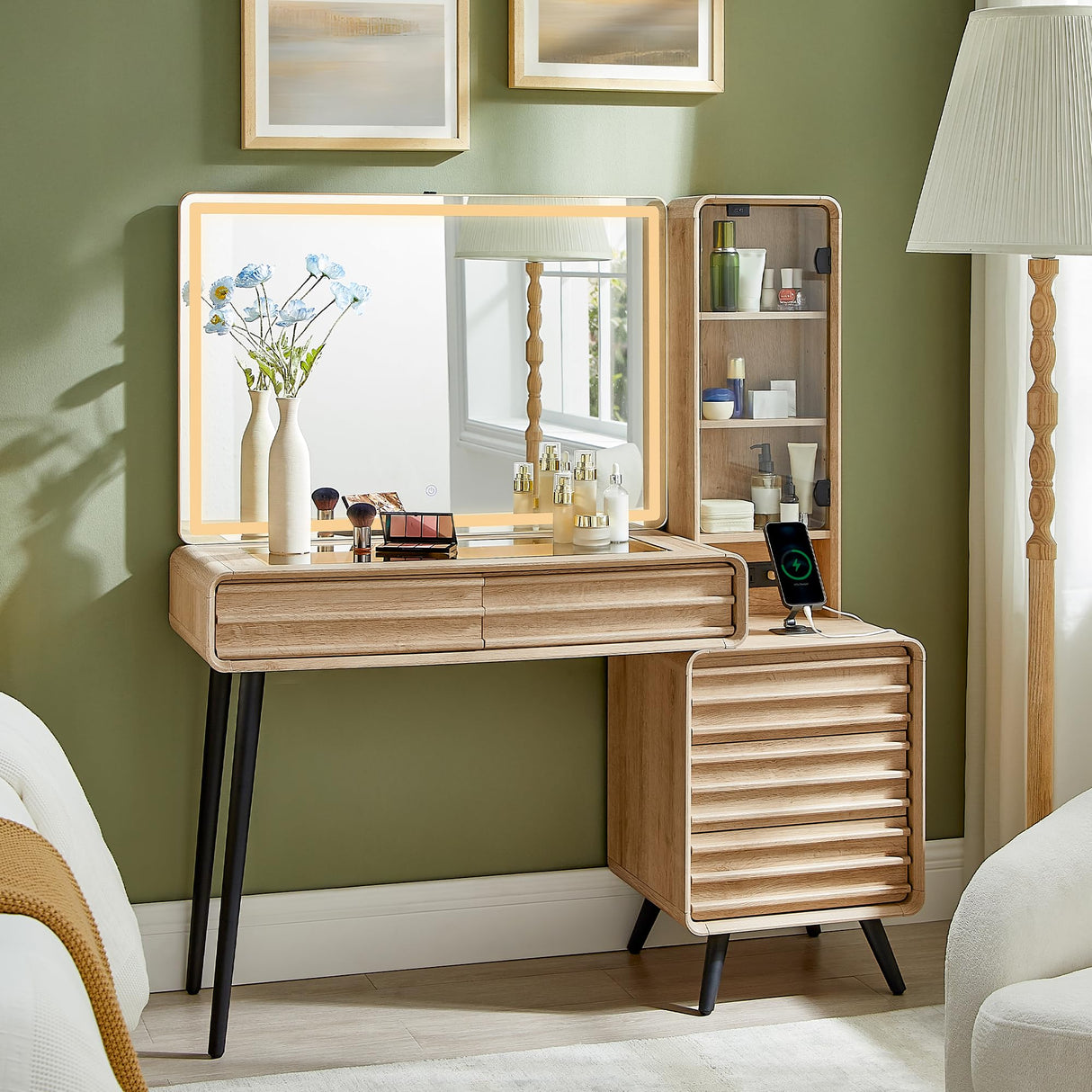 RedLemon 48" Vanity Desk with 36" HD Lighted Mirror and Lights, Mid-Century Modern Makeup Vanity with 5 Drawers & Glass Tabletop, Wood Dressing Table for Bedroom (Natural Oak) RedLemon