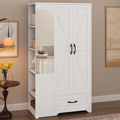 LIKIMIO Armoire Wardrobe Closet with Barn Doors and Drawers and Full Mirror and 5 Storage Shelves 70" Wooden Bedroom Wardrobe Combination for Hanging Clothes, White