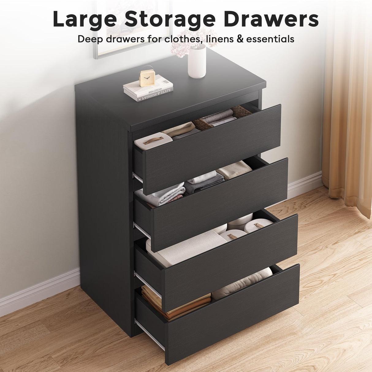 Jocoevol 4 Drawer Dresser for Bedroom, Black Dresser Chest of Drawers - Large Wood Dressers TV Stand with Deep Drawers Dressers for Living Room, Hallway, Entryway - Black Jocoevol