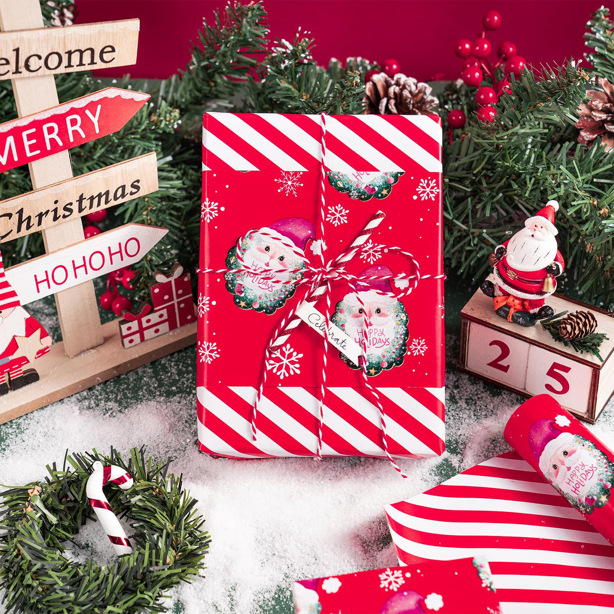 WRAPAHOLIC Reversible Christmas Wrapping Paper - Mini Roll - 17 Inch x 33 Feet - Red Santa Claus and Stripes Design for Christmas, Holiday, Party Celebration WRAPAHOLIC