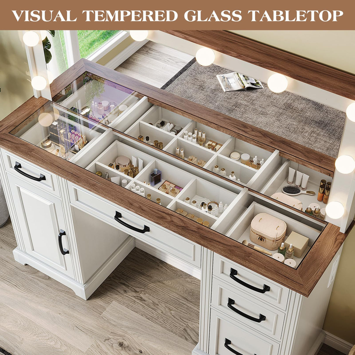 LUXOAK 55'' Farmhouse Vanity Desk with Mirror and Lights, Large Makeup Table with Charging Station, Glass Tabletop & 5 Drawers, Rustic Dressing Table for Bedroom, Antique White LUXOAK