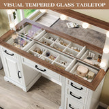 LUXOAK 55'' Farmhouse Vanity Desk with Mirror and Lights, Large Makeup Table with Charging Station, Glass Tabletop & 5 Drawers, Rustic Dressing Table for Bedroom, Antique White LUXOAK