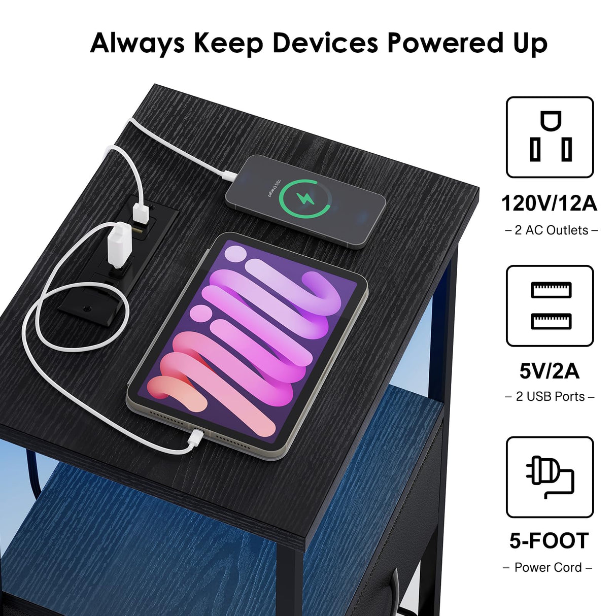 Fixwal Night Stand with Charging Station, LED Nightstand with Fabric Drawers, End Table with PU Finish, Bedside Table, Black Fixwal