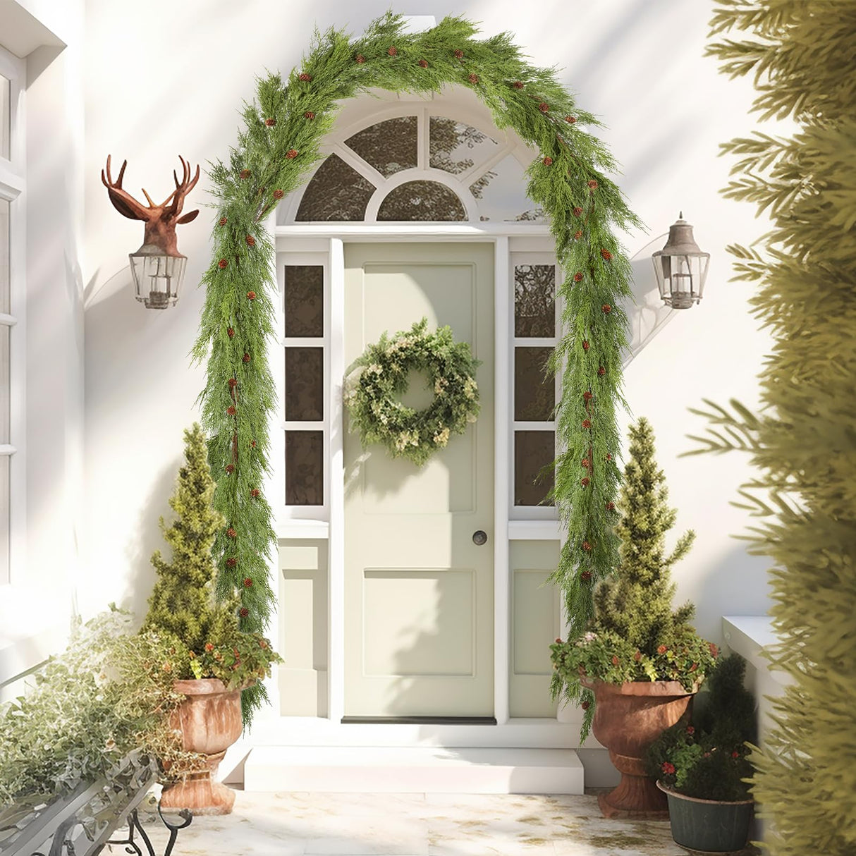 WBHome Real Touch Cypress Cedar & Pine Cone Evergreen Garland for Christmas Holiday Seasonal Outdoor/Indoor Home Decor, 6FT Long WBHome