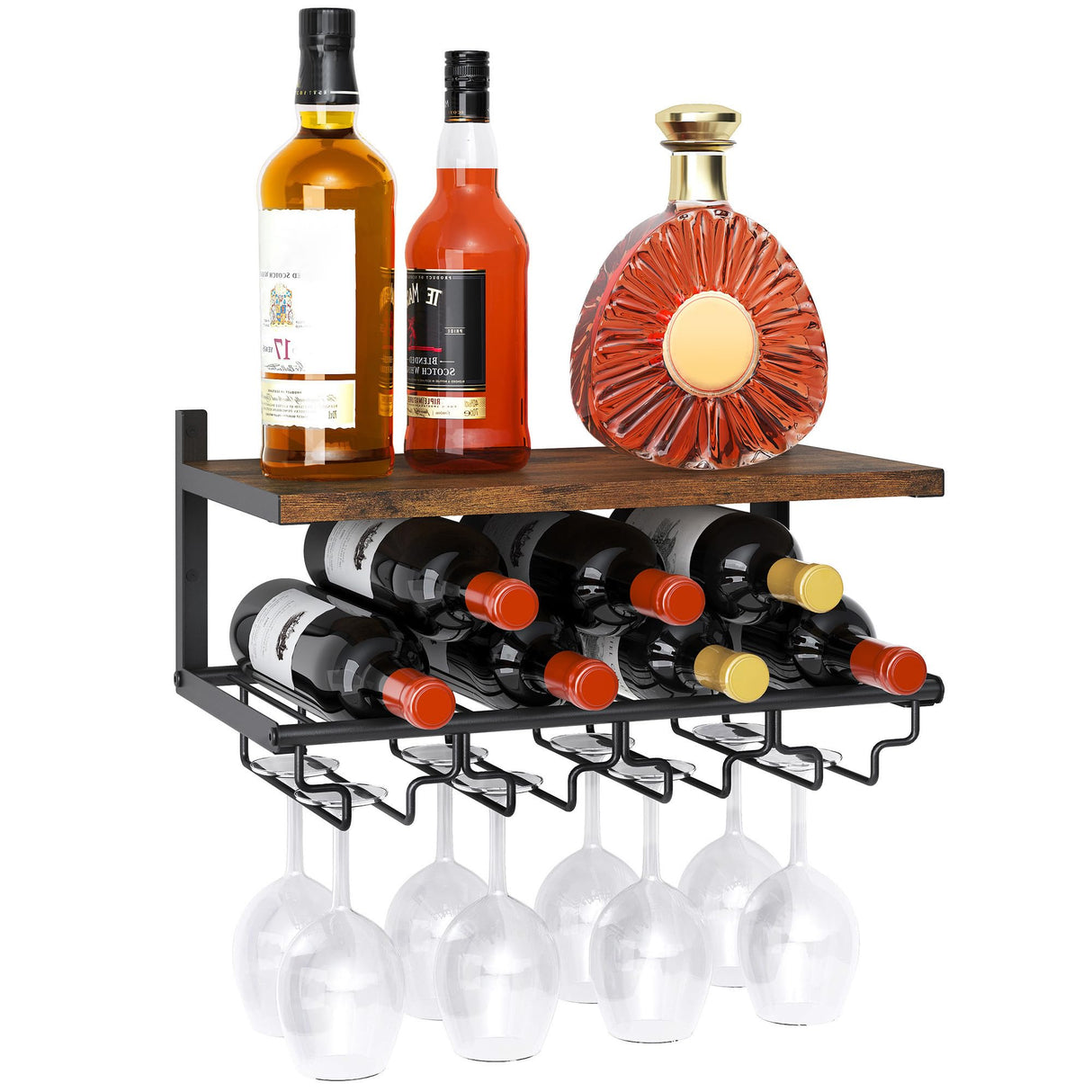 2 Tiers Wine Rack Wall Mounted with Wine Bottle Holder & Wine Glass Rack, Bar Shelves for liquor bottles, Hanging Wine Rack, Wine Storage Display Rack Shelf for Home Bar,Dining Room,Kitchen,Rustic Gewudraw
