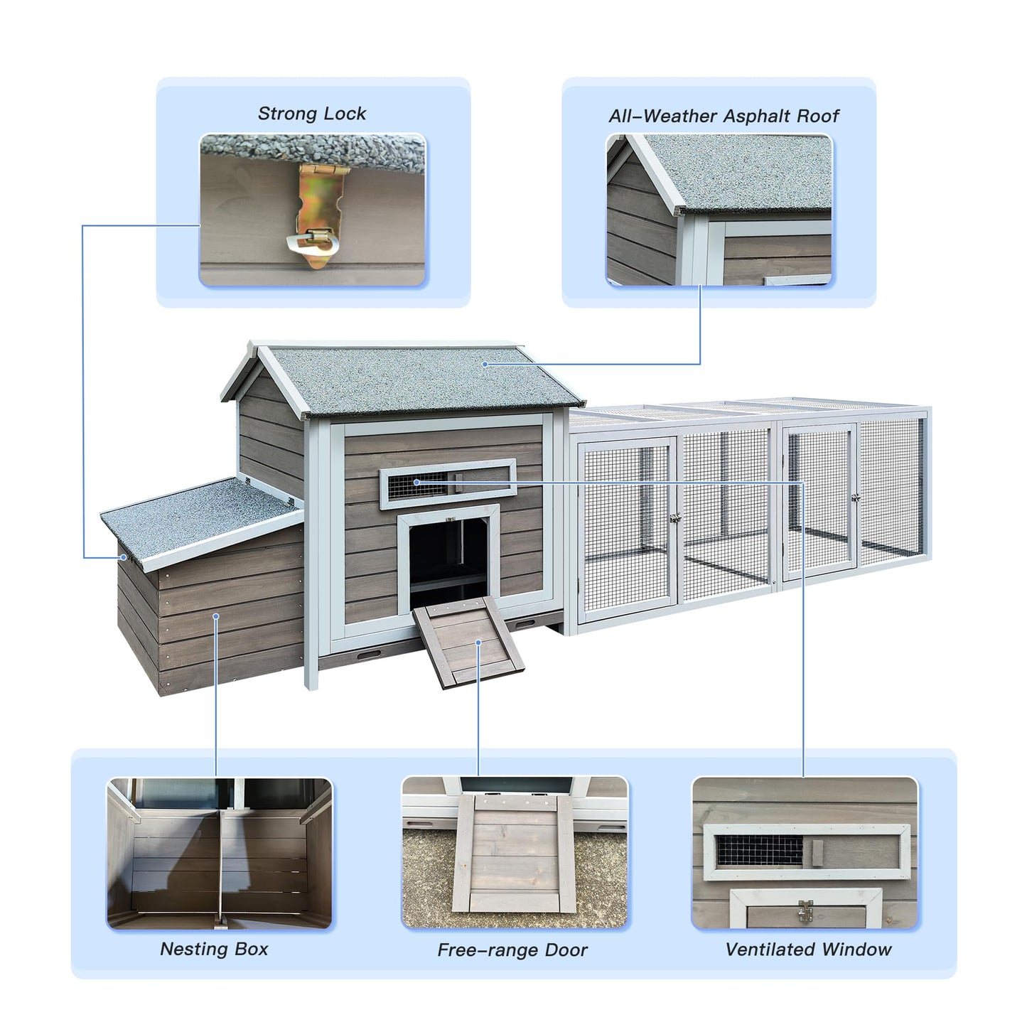 ZMAD Large Chicken Coop Outdoor,Chicken Coop 6-8 Chickens,Chicken Nesting Box, Pull Out Trays and Anti-Slip Asphalt Ramp (Gray, 118)