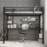 SLEKVERSA Twin Size Loft Bed with Large Desk and Storage Shelves, Metal Loft Bed with Safety Guardrail and Ladder for Kids and Adults, Space Saving, for Living Room, Bedroom, Black and Brown SLEKVERSA