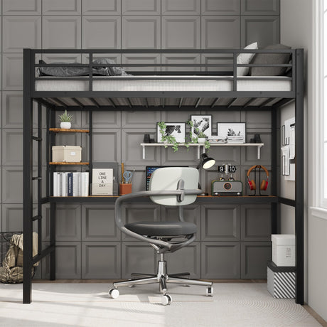 SLEKVERSA Twin Size Loft Bed with Large Desk and Storage Shelves, Metal Loft Bed with Safety Guardrail and Ladder for Kids and Adults, Space Saving, for Living Room, Bedroom, Black and Brown SLEKVERSA