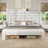 FSTAR King Size Wooden Farmhouse Bed Frame with Headboard, Boho Platform Bedframe with Charging Station & Led Lights, Heavy Duty Metal Slats, Noise Free, No Box Spring Needed, White FSTAR