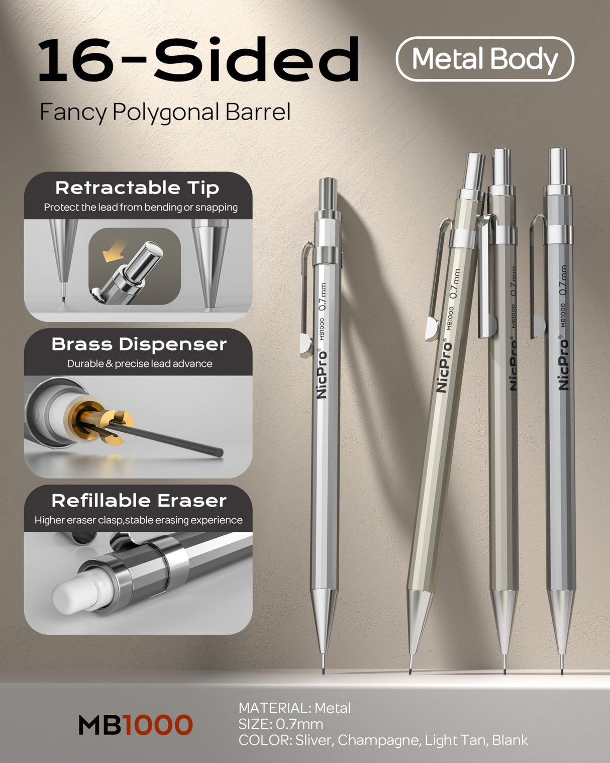 Nicpro 4 Pack Mechanical Pencil 0.7mm with Case, MB1000 Metal Mechanical Pencil Set with 8 Tube HB #2 Lead Refill 0.7 mm, 3PCS 4B Eraser, 9 Cap Eraser for Artist Drafting Writing, Sketching, Drawing Nicpro