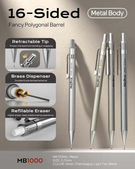 Nicpro 4 Pack Mechanical Pencil 0.7mm with Case, MB1000 Metal Mechanical Pencil Set with 8 Tube HB #2 Lead Refill 0.7 mm, 3PCS 4B Eraser, 9 Cap Eraser for Artist Drafting Writing, Sketching, Drawing Nicpro