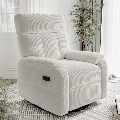 Claiks Power Swivel Rocker Recliner Chair, Oversized Recliner Chairs for Adults, Corduroy Overstuffed Reclining Chair with USB and Type-C Ports for Living Room, White Claiks
