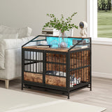Maliacife Dog Crate Furniture with Led Lights,Heavy Duty Wooden Dog Kennel with Double Doors,Dog House Indoor for Small Medium Dogs,End Table with Shelves,Black and Brown(34.65" L×24.02W×31.5" H) Maliacife