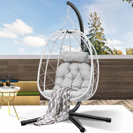 DWVO Egg Hanging Swing Chair with Stand Egg Chair Wicker Egg Chair with Cushions 330lbs for Patio, Bedroom, Garden and Balcony, Light Gray DWVO