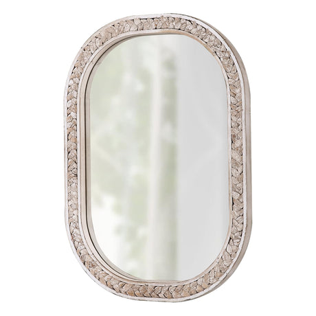Sintosin Boho Oval Rattan Mirrors for Bathroom 16 X 24 Inch, Hanging Distressed Washed White Wooden Mirror, Farmhouse Mirrors for Wall Decor, Aesthetic Wall Mirrors Decorative, Horizontal or Vertical Sintosin