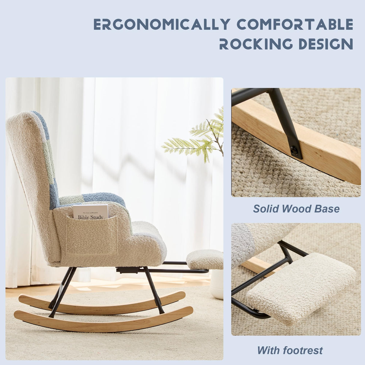 ETCZOYE Modern Nursery Rocking Chair, Teddy Upholstered Glider Rocker with Footrest, Comfortable Rocker Recliner with Side Pocket for Living Room, Bedroom, Office, Large Spliced Dark Blue ETCZOYE