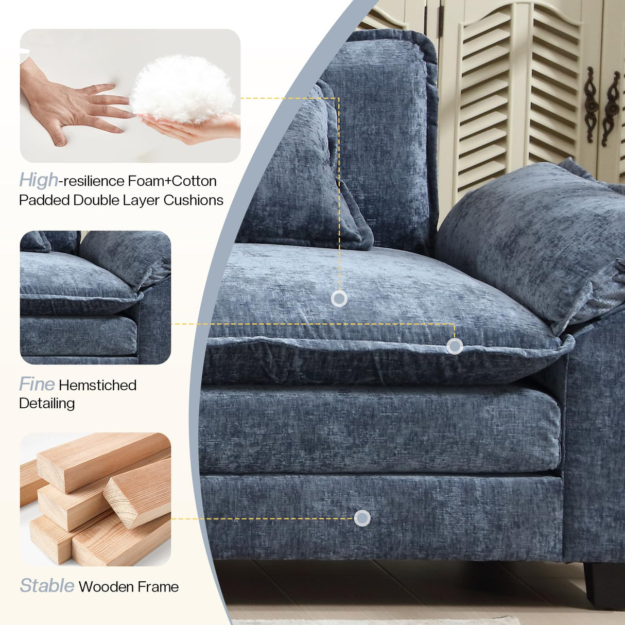 OQQOEE Sectional Sofa Modular Cloud Couch Upholstered Deep Seat Cloud Sofas with Ottoman Comfy Chenille Sofa Sleeper for Living Room,Apartment (Blue, L Shaped-3 Seat & Ottoman) OQQOEE