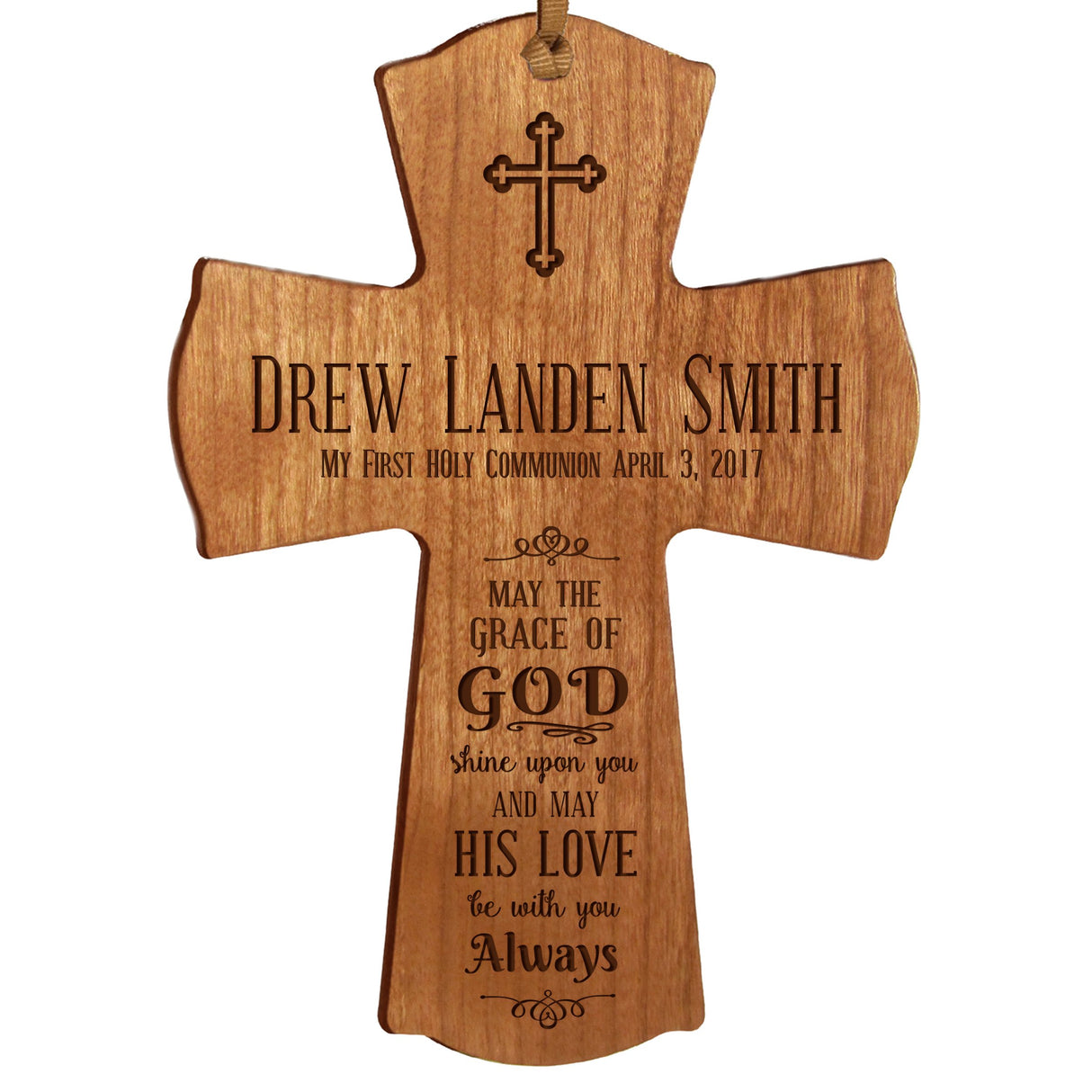 LifeSong Milestones Personalized Baptism 1st Holy Communion Christening Gifts Custom Wall Cross May the grace of GOD shine upon you and may HIS LOVE be with you Always Pine wood cross (Cherry) LifeSong Milestones