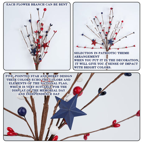 Shitailu 4 Pack Patriotic Artificial Berry Stem Picks White Blue Red Stars for 4th of July Independence Day, Pentagram Faux Berry Branches Decoration for Home Office Restaurant Vase Décor Shitailu