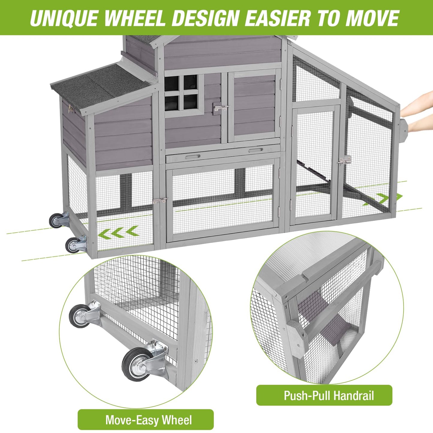 Chicken Coop Outdoor Wooden Hen House 65" with Large Nesting Box, Poultry Cage with Removable Tray,UV Proof Roof - WoodArtSupply