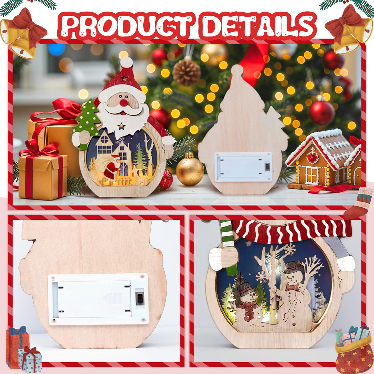 OurWarm 2 Pcs Wooden Christmas Ornaments, LED Luminous Wood Christmas Decor Snowman Santa Claus Christmas Tree Hanging Ornaments, Table Hotel Window Display, Crafts Gifts for Xmas Party Decor OurWarm