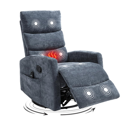 Trustyue Swivel Rocker Recliner Chair, 360° Swivel Recliner with Heat and Massage, Rocker Recliner Upholstered Fabric Nursery Glider Recliner Chair with Side Pockets for Living Room Blue