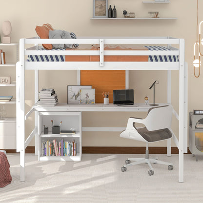 Merax Full Size Wooden Loft Bed with Desk, Storage Cabinet, Writing Board & Dual Ladders - Space-Saving Design for Teens and Adults - WoodArtSupply