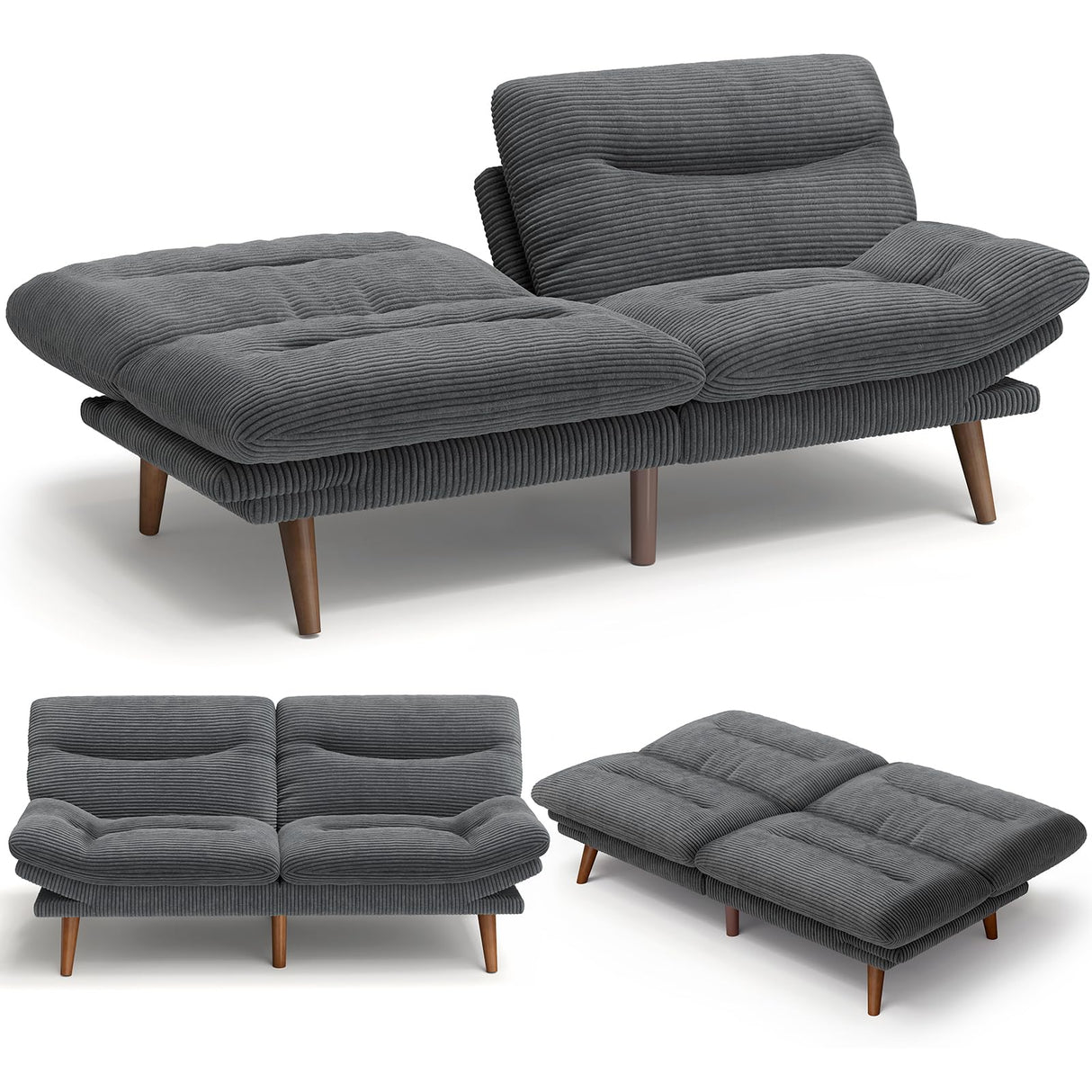 Futon Sofa Bed, 3-in-1 Futon Couch w/Adjustable Backrest & Armrests, Corduroy Convertible Sleeper Sofa Bed, Folding Sleeper Recliner w/Removable Cushion for Apartment, Living Room, Office(66in, Grey) AMADA HOMEFURNISHING