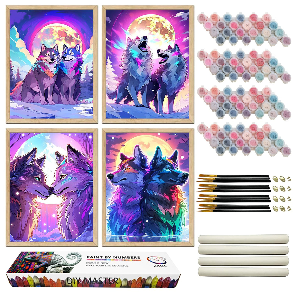 ZXQL 4 Pack Wolf Paint by Numbers Kit for Adults Beginners, 12" Wx16 L Paint by Numbers for Adults Rolled up Canvas for Painting Home Decor Creative Wall Art with Nice Gift Box ZXQL