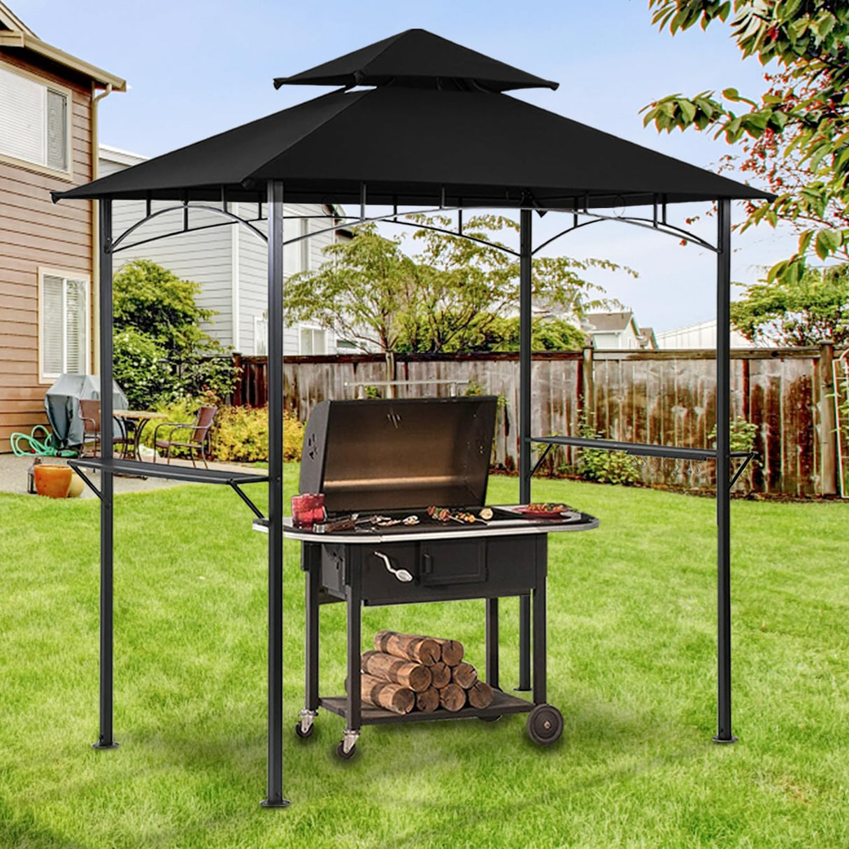 Generic Outdoor Double Tiered Grill Gazebo BBQ Patio Canopy Tent，Party Tent with Pendant Light and Floor Fixing (Black) Generic