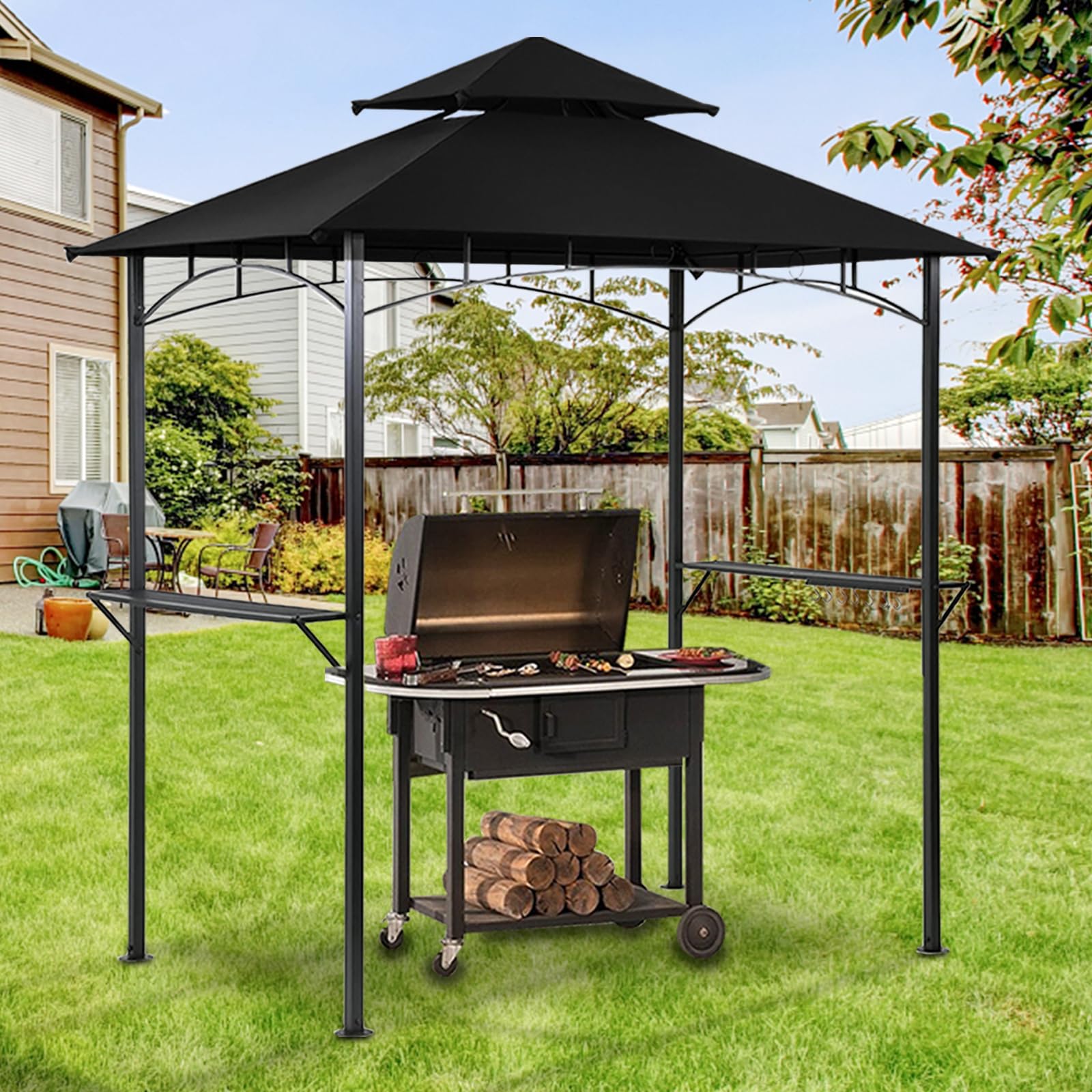 Generic Outdoor Double Tiered Grill Gazebo BBQ Patio Canopy Tent，Party Tent with Pendant Light and Floor Fixing (Black) - WoodArtSupply