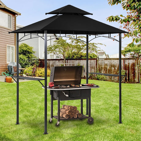 Generic Outdoor Double Tiered Grill Gazebo BBQ Patio Canopy Tent，Party Tent with Pendant Light and Floor Fixing (Black) Generic