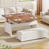 Itaar Lift Top Coffee Table Set, 43'' Multi-Function Coffee Table with Storage Drawers and Hidden Compartment, Center Table with Ottoman Bench for Living Room, White Itaar