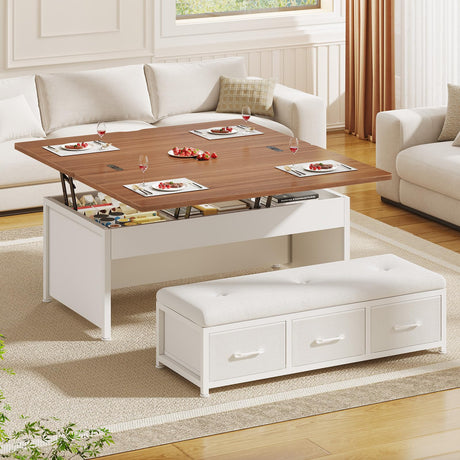 Itaar Lift Top Coffee Table Set, 43'' Multi-Function Coffee Table with Storage Drawers and Hidden Compartment, Center Table with Ottoman Bench for Living Room, White Itaar