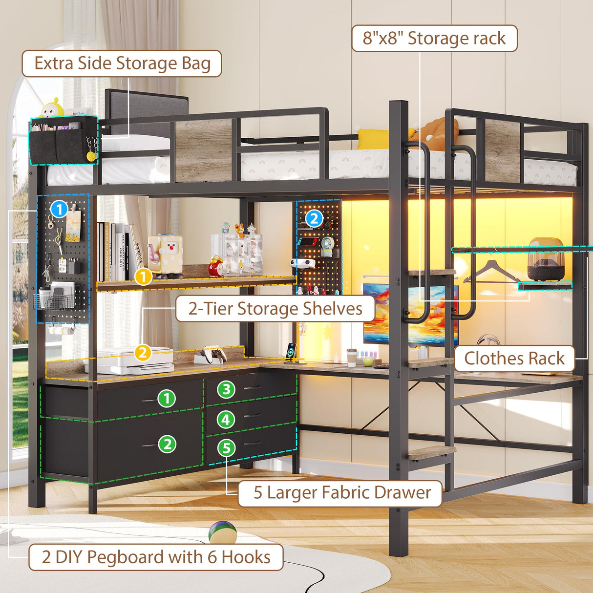 Dnxao Full Loft Bed with Desk and 5 Storage Drawers, Loft Bed Full Size with Desk,1 Bedside Organizer,Removable Ladder,LED Lights and Charging Station,Clothes Rail,Safety Guard,Oak Gray Dnxao