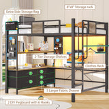 Dnxao Full Loft Bed with Desk and 5 Storage Drawers, Loft Bed Full Size with Desk,1 Bedside Organizer,Removable Ladder,LED Lights and Charging Station,Clothes Rail,Safety Guard,Oak Gray Dnxao