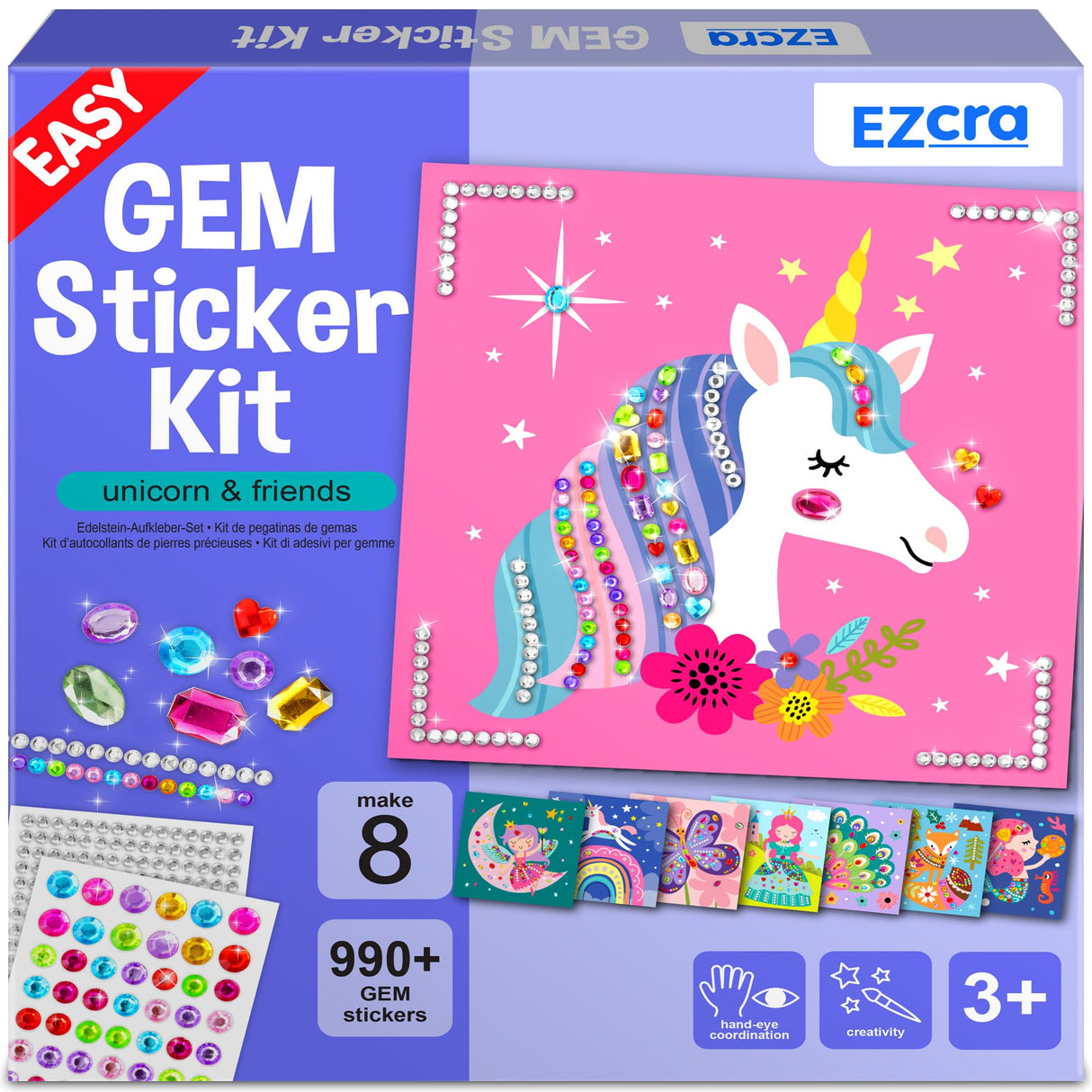 EZCRA Easy Arts and Crafts for Kids - Fun Gem Sticker Kit - 8 Unicorn Princess Themes, 990+ Stickers - Gem Art for Kids - Diamond Art Kits - Gifts for Girls Ages 3-8 EZCRA