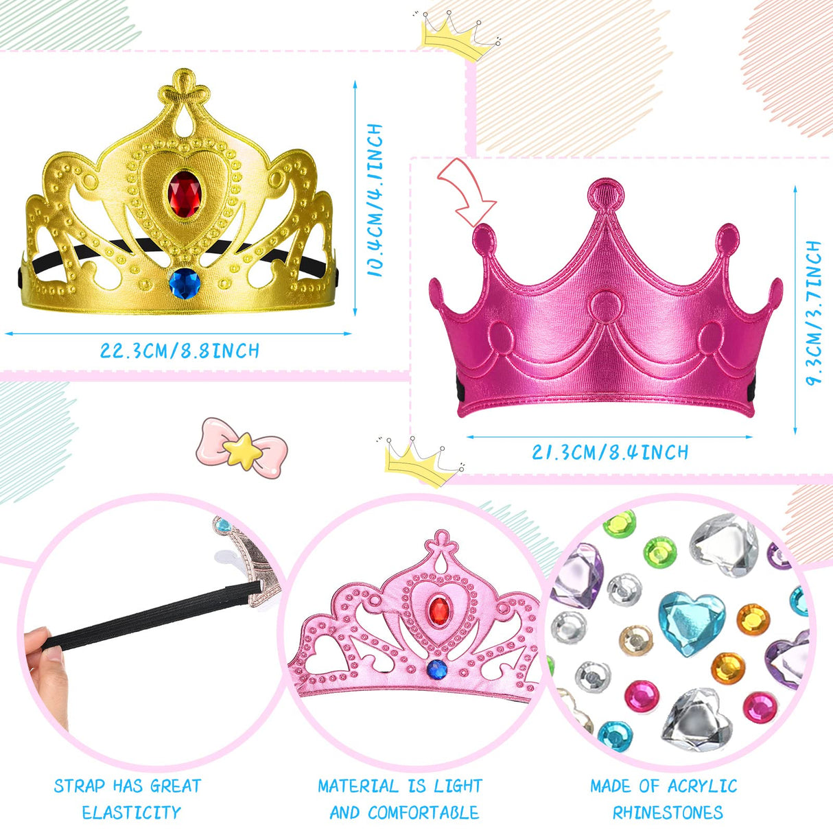 Yaomiao 22 Pcs DIY Crowns Set Include 12 Pcs Foam Princess Crowns and 10 Pcs Crystal Diamond Sticker for Kids(Multicolor) Yaomiao