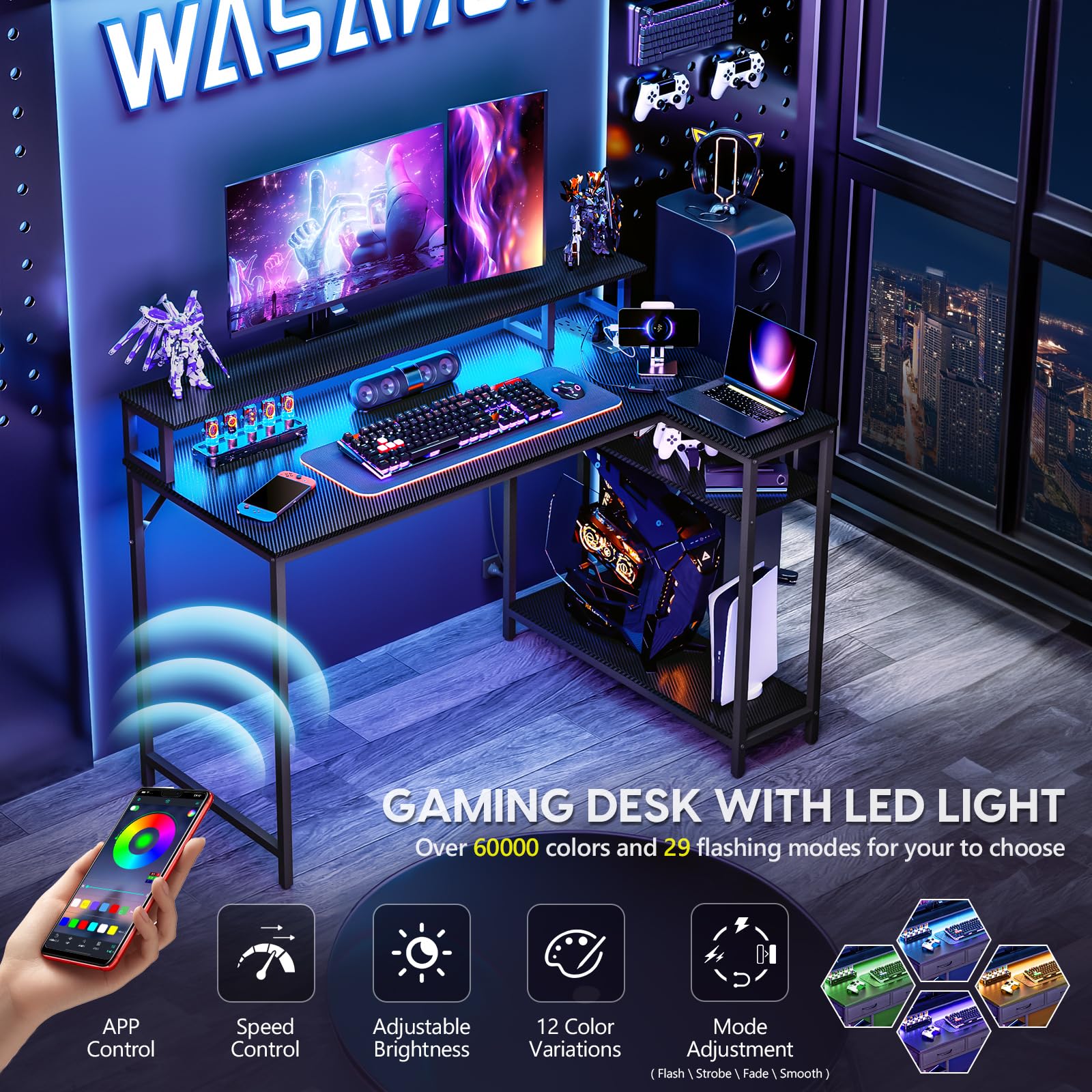 WASAGUN Gaming Desk with LED Lights & Power Outlets, 40 Inch L Shaped Carbon Fiber Surface Desk with Storage Shelves, Small Corner Computer Desk with Monitor Shelf, Black Carbon Fiber - WoodArtSupply