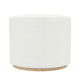 Spatial Order Bouclé Ottoman with Wooden Base – 22” Round Upholstered Footrest, Cream Textural Fabric, Modern Accent Stool for Living Room & Bedroom Spatial Order