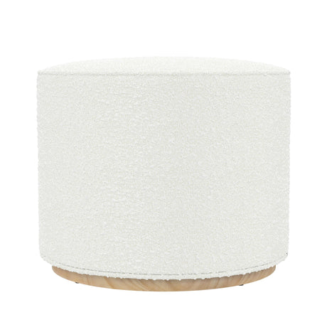 Spatial Order Bouclé Ottoman with Wooden Base – 22” Round Upholstered Footrest, Cream Textural Fabric, Modern Accent Stool for Living Room & Bedroom Spatial Order